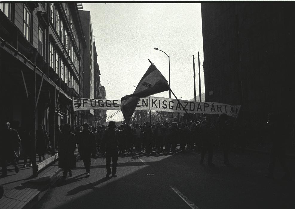 Felvonulók csoportja az Apáczai Csere János utcában a Szabadság térre tart.