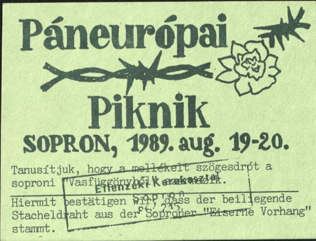Tanúsítvány a Páneurópai Piknikről (Szabó Ferenc, Sopron)